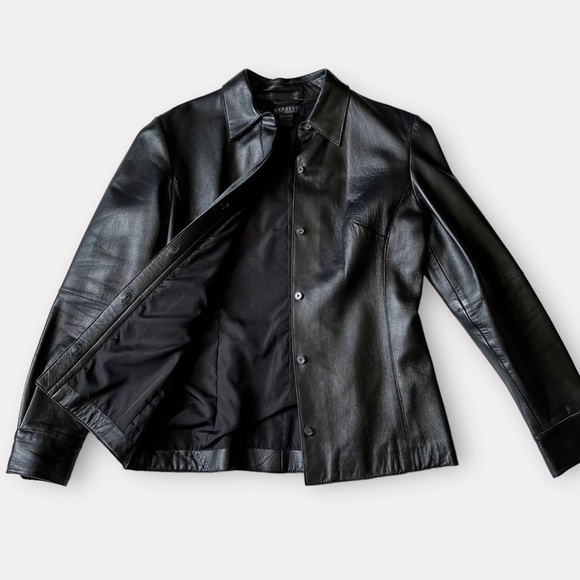 90s Express Leather Moto Fitted Shirt Light Jacket Button Front Black M - Picture 1 of 9